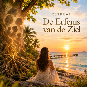 Poster for De Erfenis van de Ziel retreat at Alam Kita: woman under a tree watching the sunset over the Java Sea, Karimunjawa